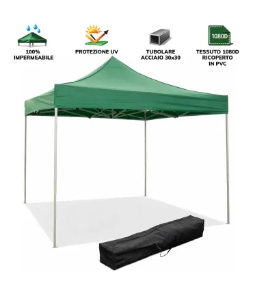 Gazebo richiudibile pieghevole MARKET 3 X 3 Verde ricoperto in PVC impermeabile