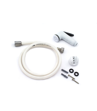 KIT DOCCETTA A PULSANTE IN ABS BIANCA CON GANCIO E TUBO FLESSIBILE CM 150 MATERIALE PLASTICO