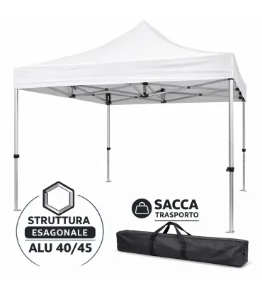 Gazebo richiudibile in alluminio professionale struttura esagonale MARKET 3X3 Bianco impermeabile