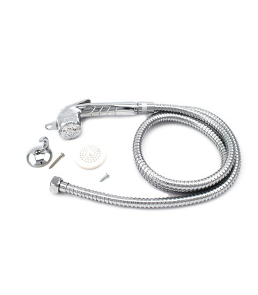 KIT DOCCETTA A PULSANTE IN ABS CROMATA COMPLETA DI GANCIO E TUBO FLESSIBILE F  1/2  CONICO X F 1/2 CM 150 OTTONE CROMATO