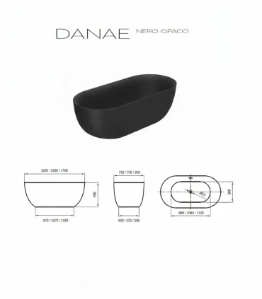 Vasca da bagno freestanding "DANAE" 170x80x59 h in acrilico Nero Opaco I Karag I Ap shop